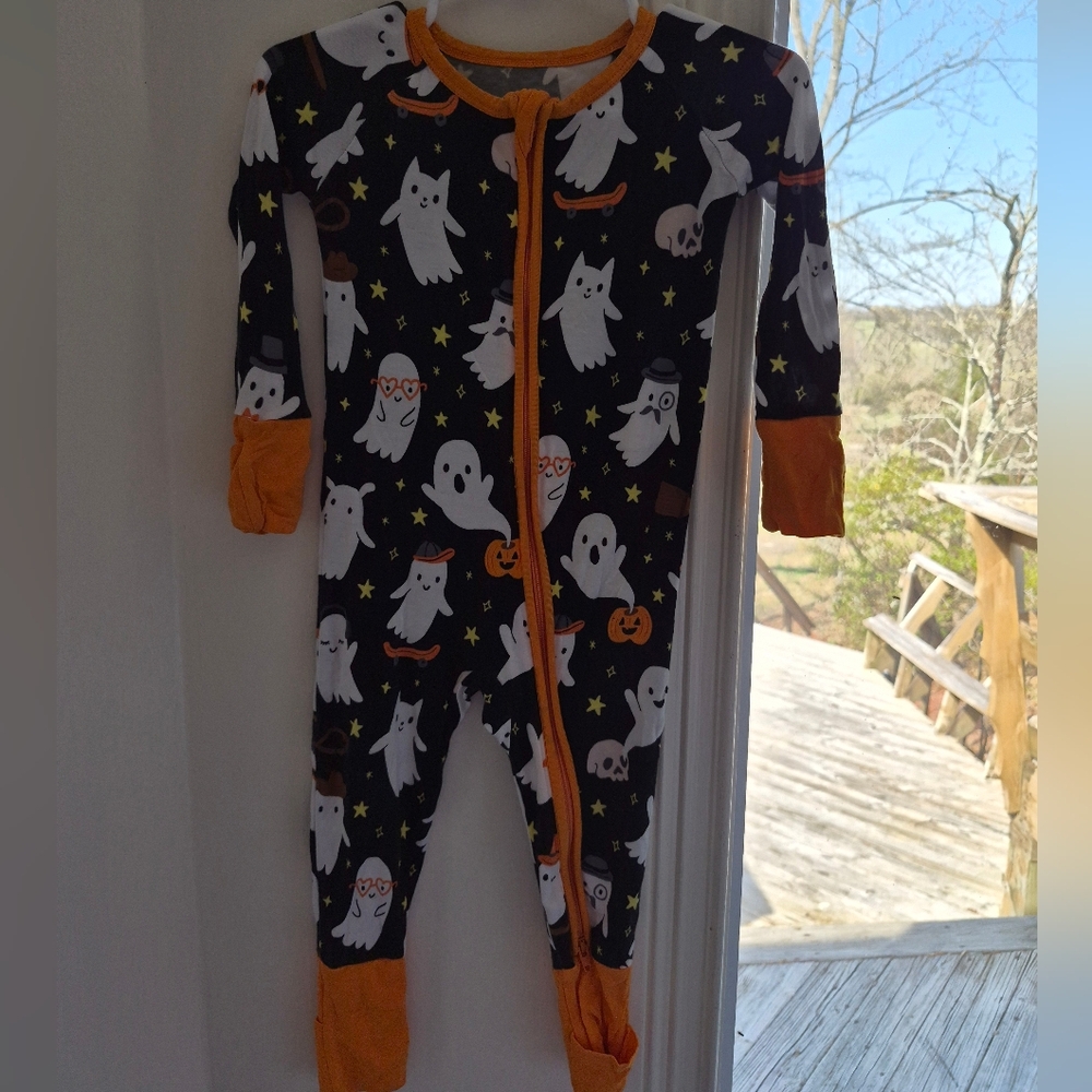 Little Sleepies Black Ghost Print One-Piece with Orange Trim